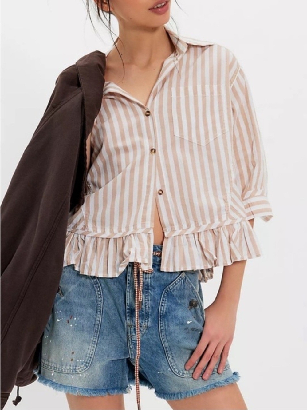 Oveesized "WE THE FREE" Striped Ruffle Button-Front Blouse - Beige/White